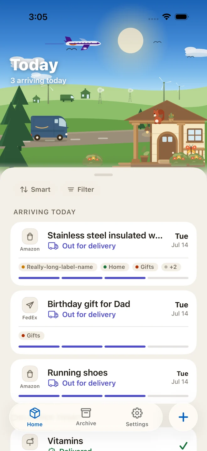 Drey&rsquo;s Today screen showing packages in transit