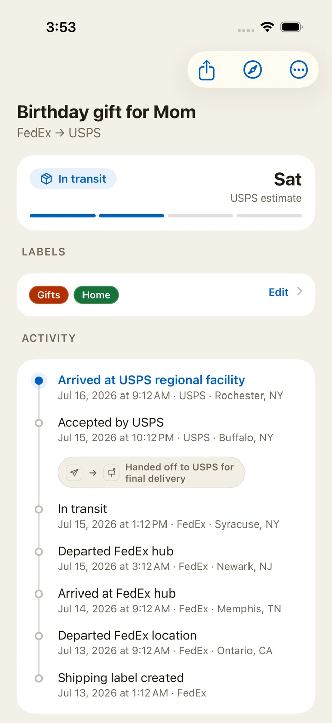 Drey showing a package with carrier labels